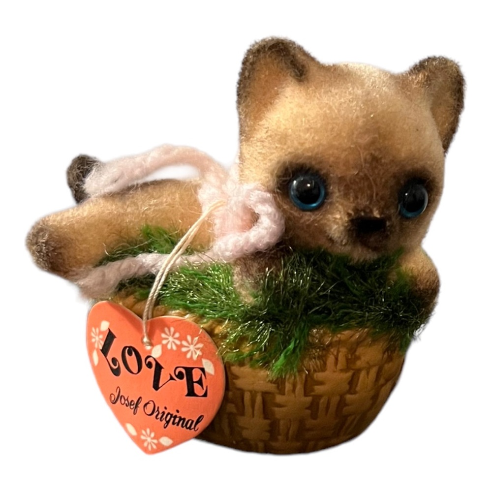 Josef Originals 70s Vtg Fuzzy Wazzy Flocked Siamese Cat Basket Figurine Japan